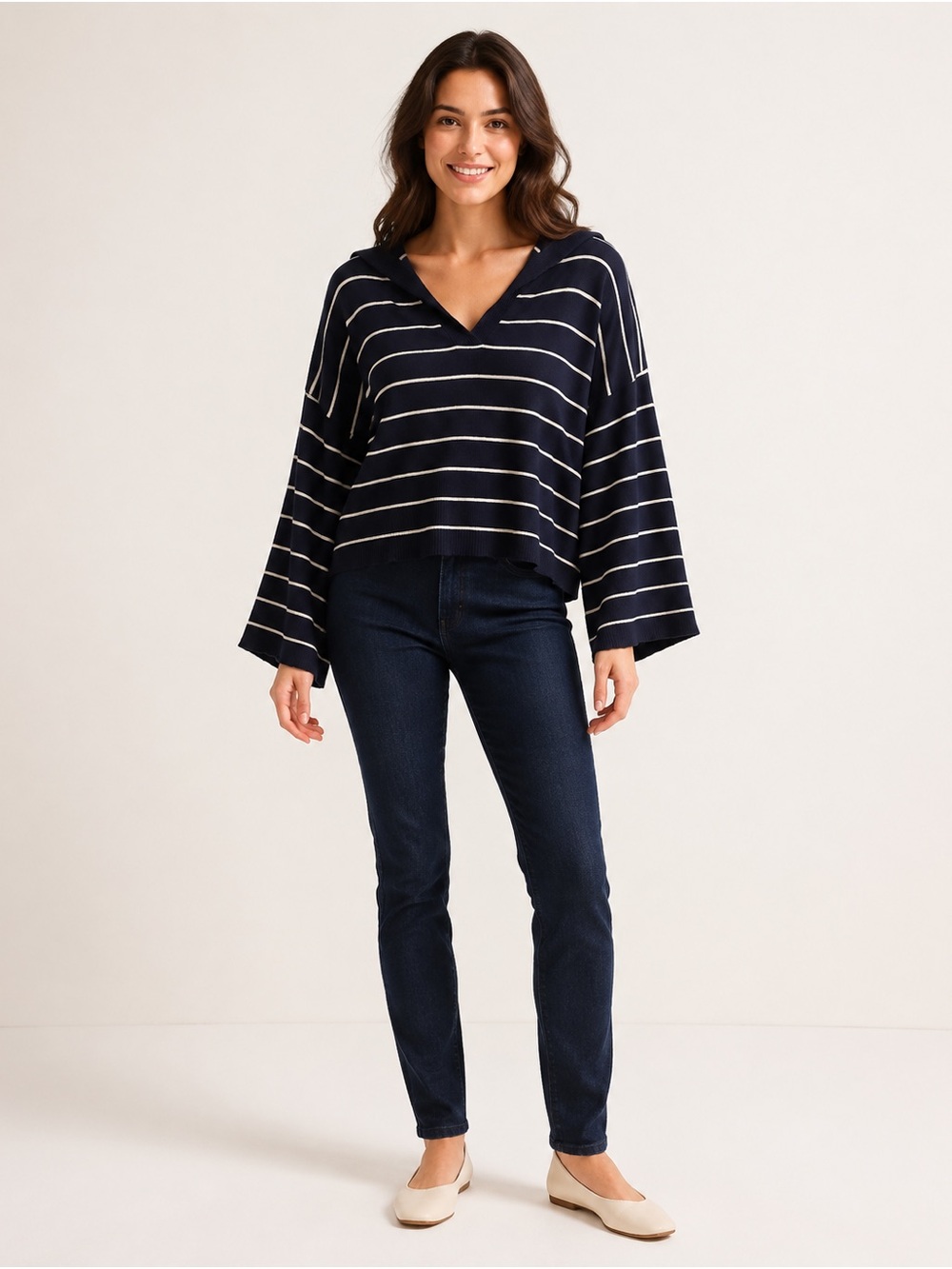 Max Studio Navy Striped Bell Sleeve Sweater M